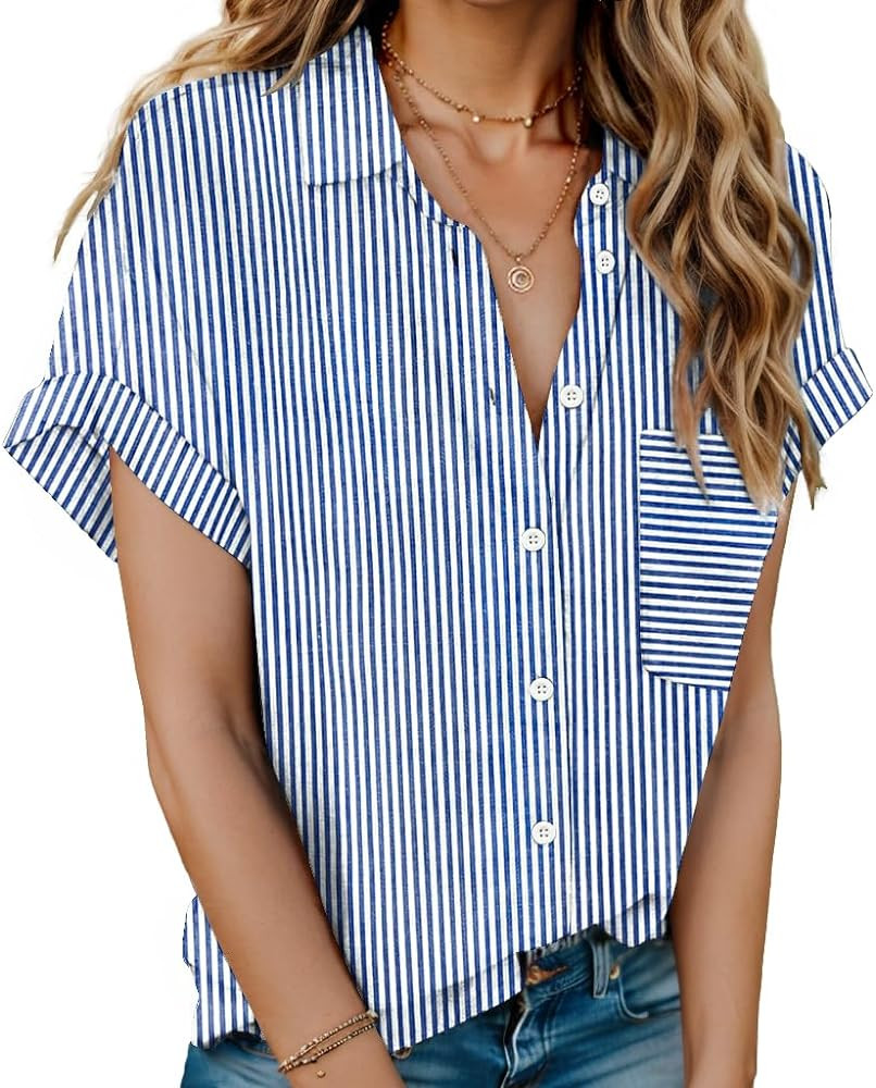 HOTOUCH Linen Shirts for Women Button Down Short Sleeve Tops Cotton Blouses Collared Button-up Be... | Amazon (US)