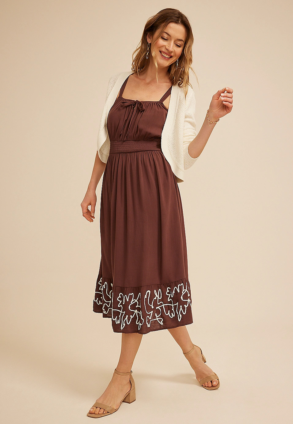 Bare Embroidered Hem Midi Dress | Maurices