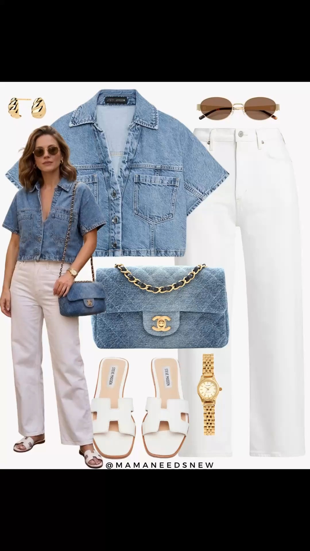 A spring to summer outfit with a denim top, white jeans, slide sandals, denim shoulder bag 🩵🤍

#LTKSeasonal #LTKSaleAlert #LTKootd