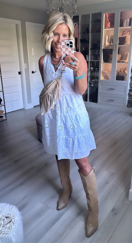 This pretty eyelet dress can be styled so many ways!!!! It is lined and has pockets! 
Dress size small (runs small in the bust area but roomy in the skirt)
Boots sized up 1/2 size 
#countryconcertoutfit

#LTKstyletip #LTKfindsunder50 #LTKfindsunder100
