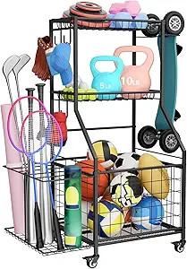 WUC Sports Equipment Organizer, Garage Ball Storage Rack with Basket & Hooks, Heavy Duty Rolling ... | Amazon (US)