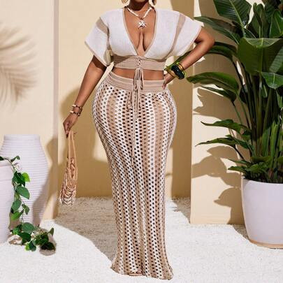 Plus Size Women's Crochet 2 Pieces Set: Cropped Short Sleeve Deep V-Neck Tie Front Top And Long Striped Crochet Skirt, Suitable For Spring/Summer Reso | SHEIN