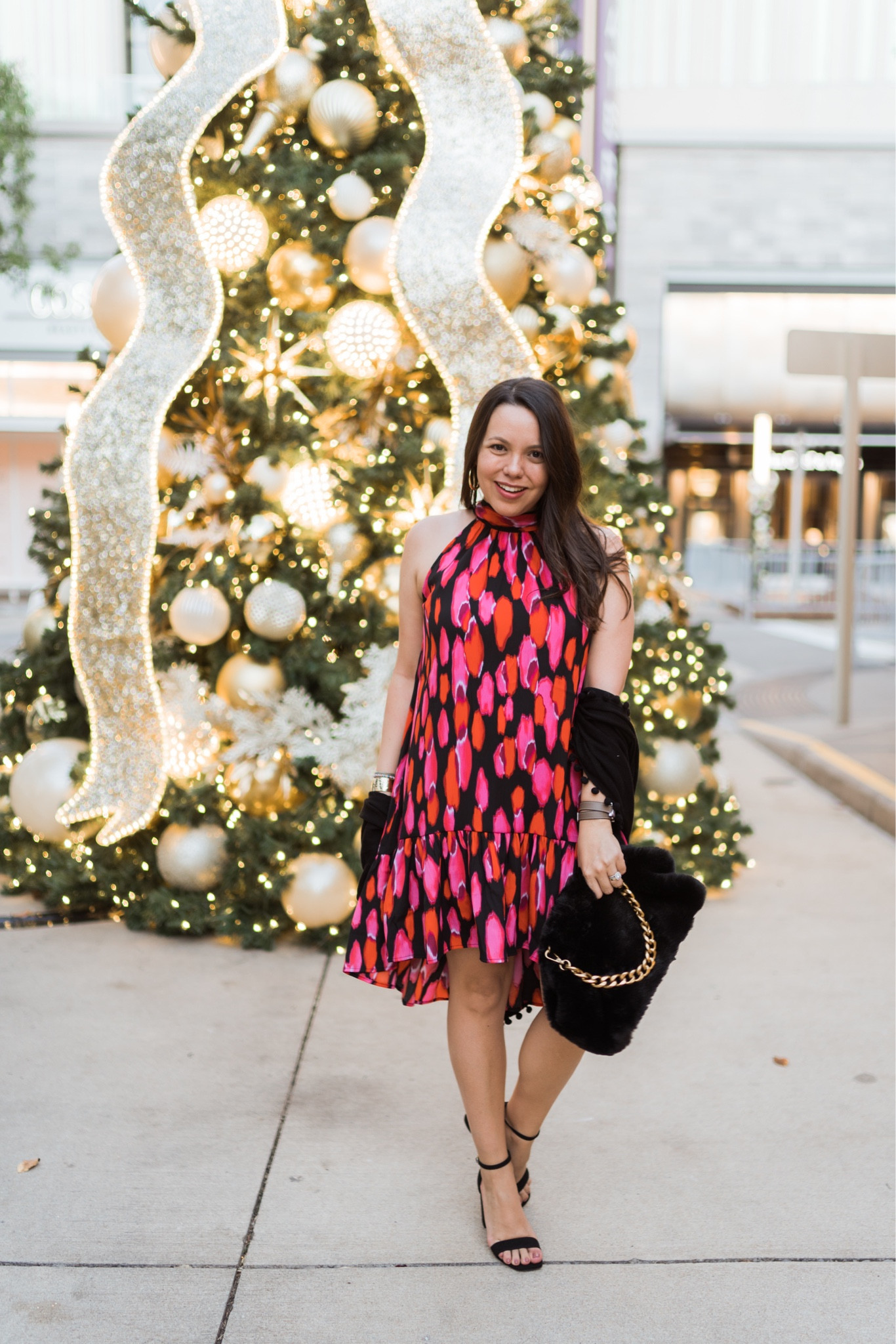 Printed halter dress for the holidays that’s super affordable! Wearing a medium! Fun halter dress for a holiday party or New Year’s Eve celebration, just $29! Block heel sandals are $40, size up half a size 

#walmartpartner 

#LTKHoliday #LTKunder50 #LTKSeasonal