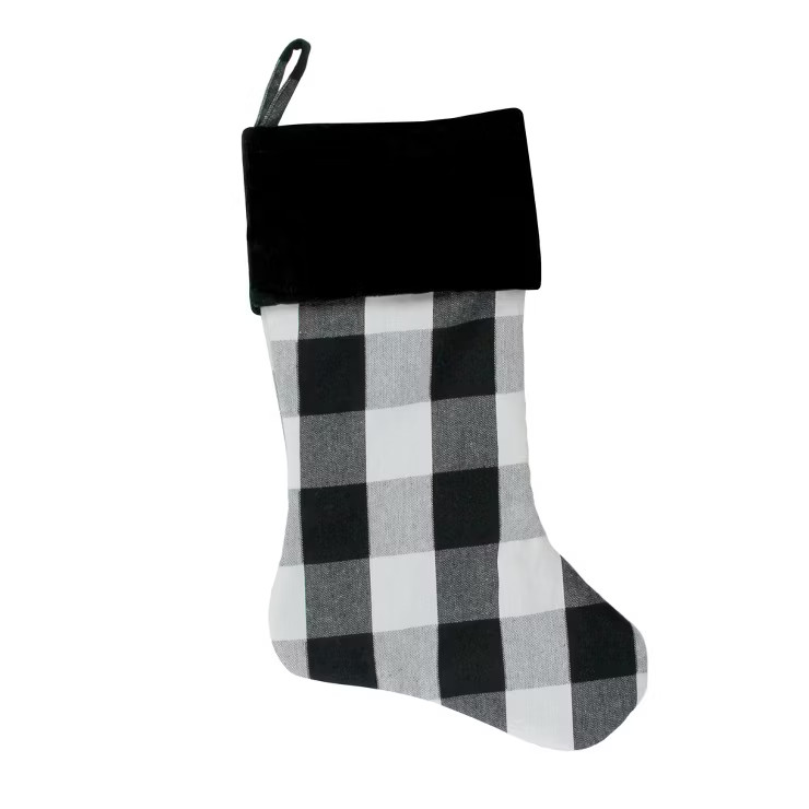 Northlight 20" White and Black Buffalo Plaid Christmas Stocking with Velvet Cuff | Target