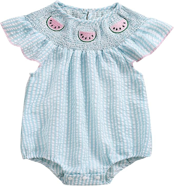 Kayotuas Newborn Baby Girls Smocked Bubble Romper Cute Embroidery Ruffle Gingham Bodysuit Dress I... | Amazon (US)