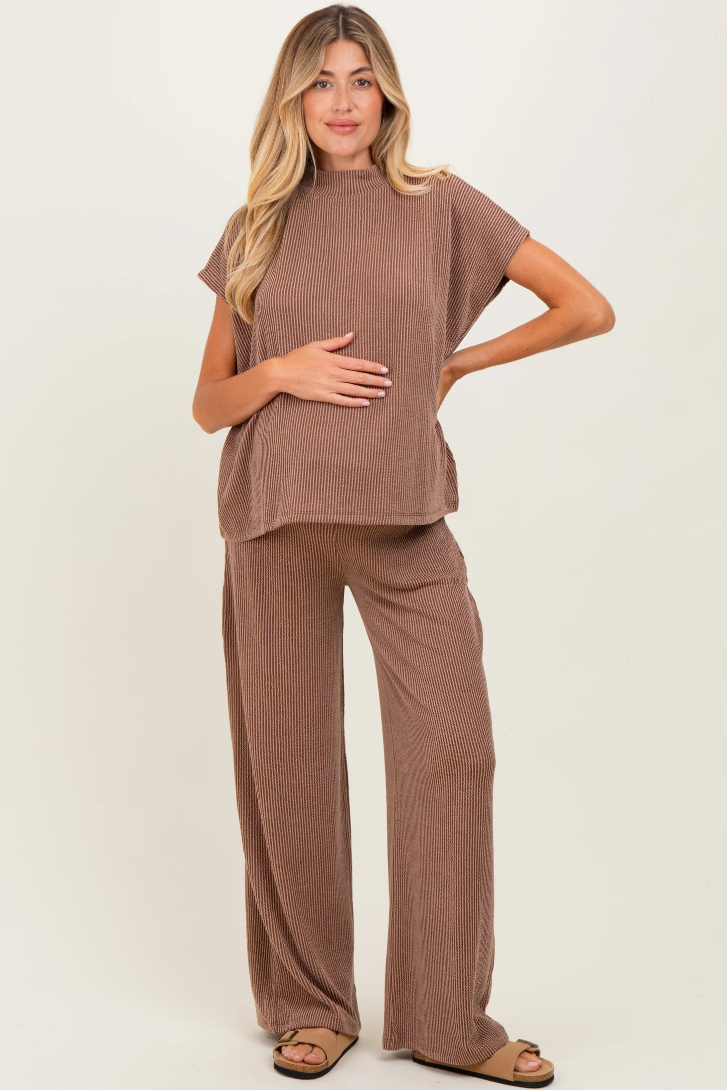 Brown Textured Rib Mock Neck Short Sleeve Pant Maternity Set | PinkBlush Maternity