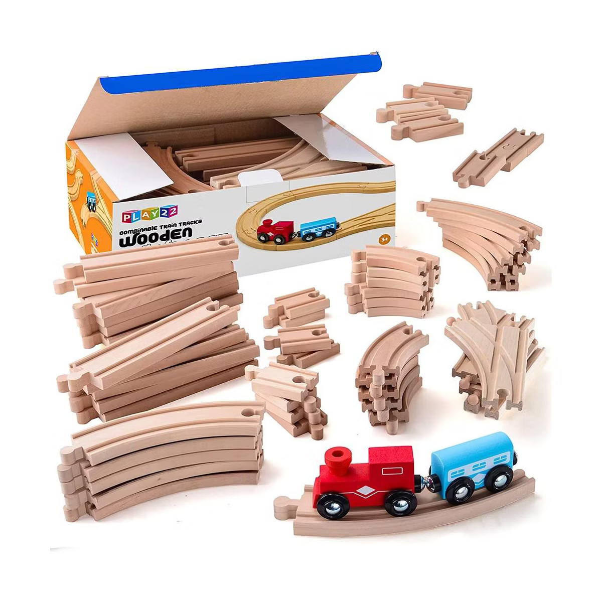 Wooden Train Tracks - 52 PCS Wooden Train Set for Kids Plus 2 Bonus Toy Trains - Play22USA | Target
