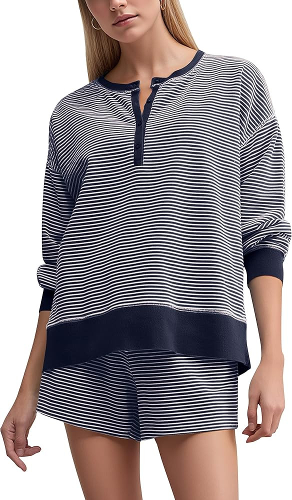 OLAPTA Women Striped 2 Piece Lounge Outfits Button Down Long Sleeve Loose Sweatshirts Color Block... | Amazon (US)