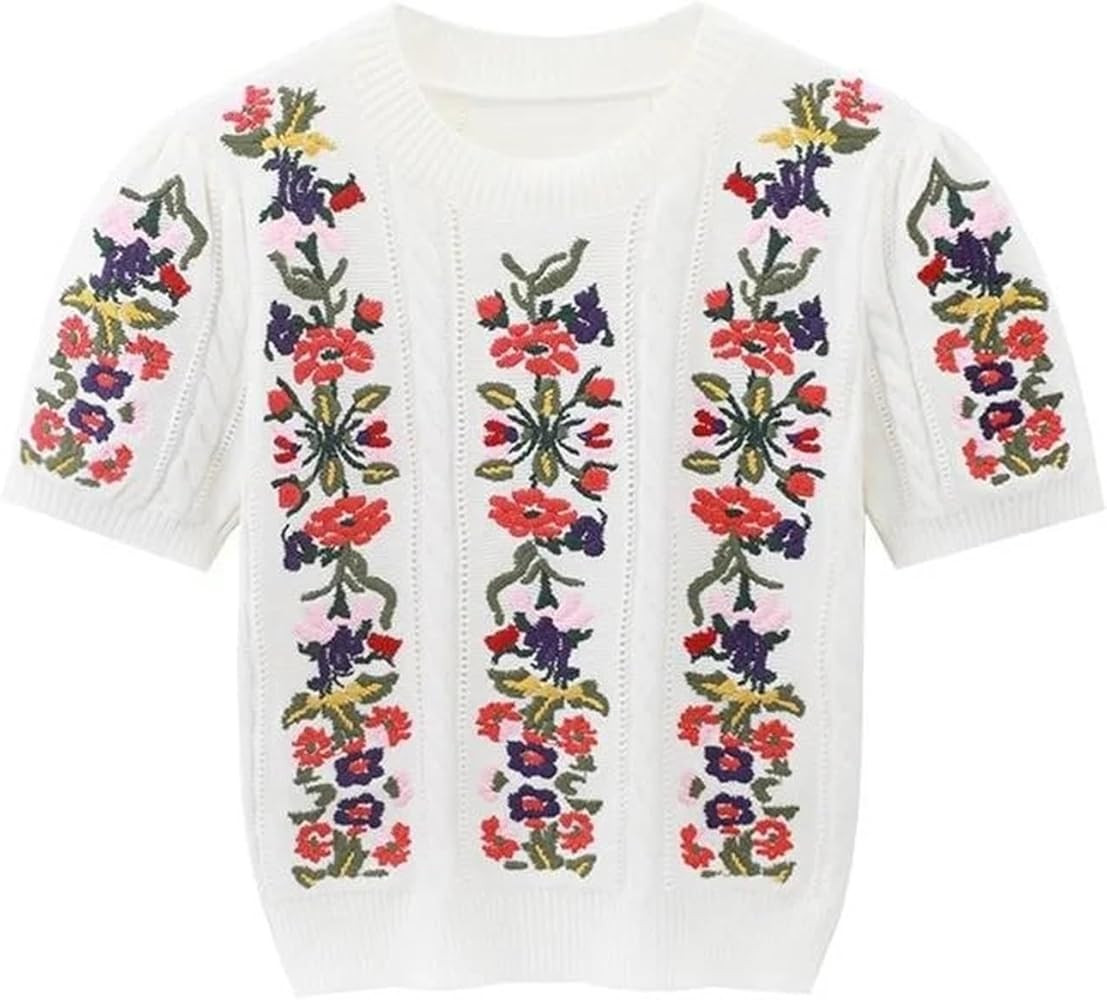 Women's Summer Tops Vintage Elegant Embroidered Knitted Puff Sleeve O-Neck Tops Pullovers Knitwea... | Amazon (US)