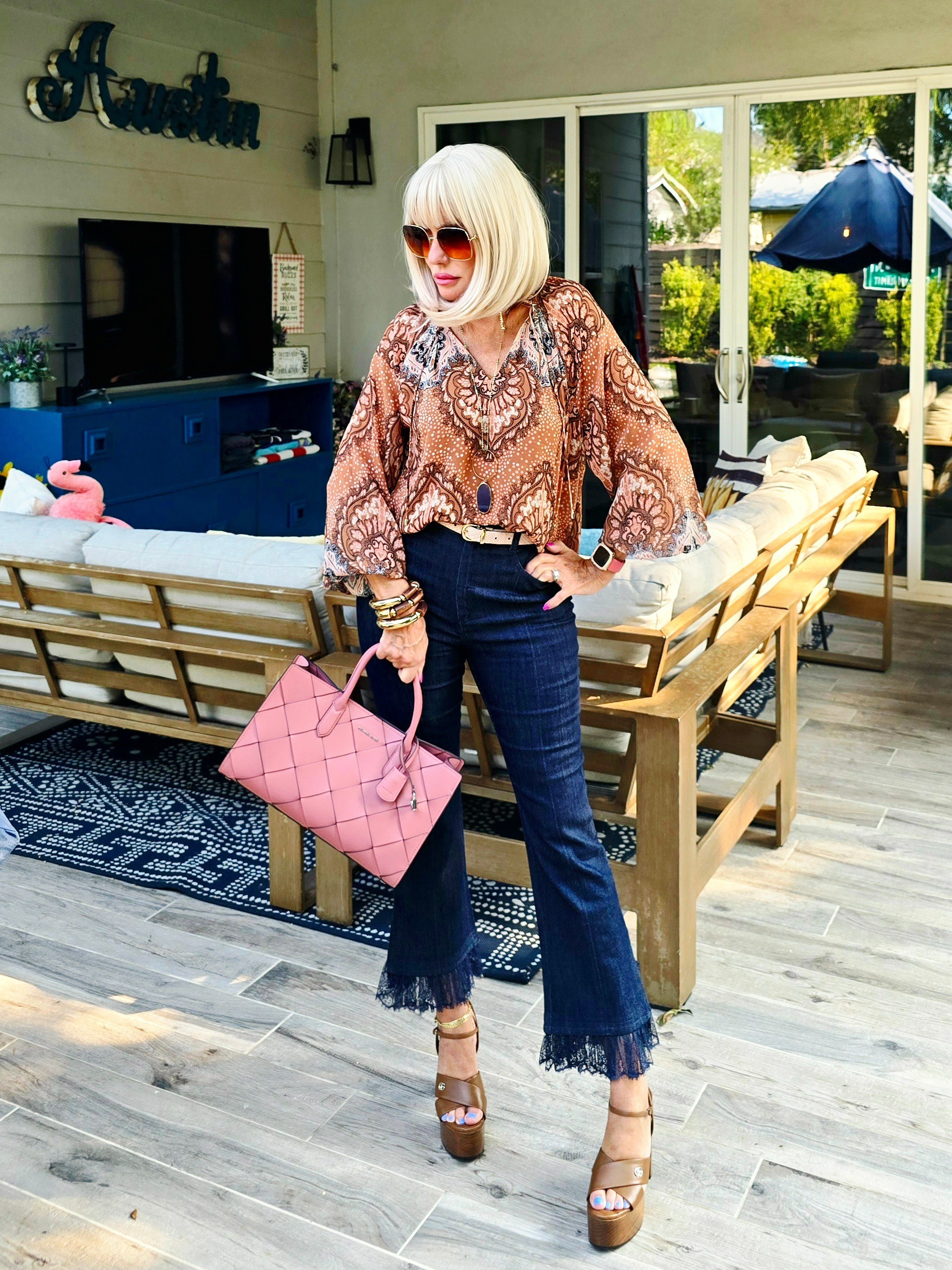 Fall vibes and sale items. WHBM Top- On Sale Jeans - @cinqasept Bag - Michael KorsHeels - Gucci 

#LTKSeasonal #LTKSaleAlert #LTKStyleTip