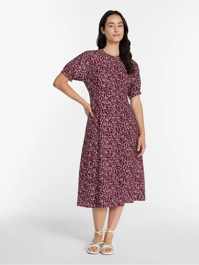 Time and Tru Women's Pleated Midi Shirtdress, Sizes XS-XXXL | Walmart (US)