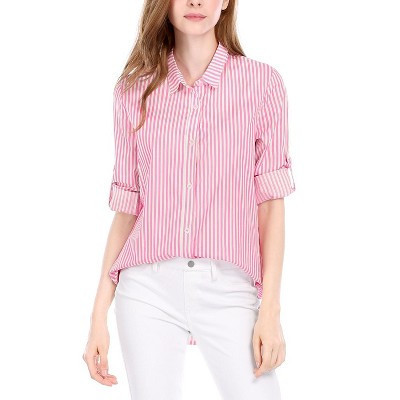 INSPIRE CHIC Women's Striped Button Down Roll-up Long Sleeves Point Collar Shirt Pink Small | Target