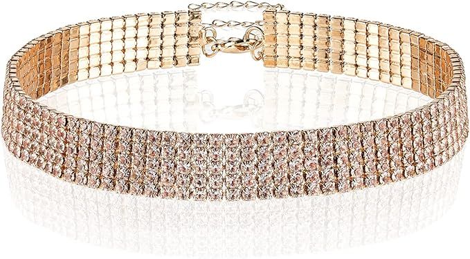 Okvpajdo Rhinestone Choker Necklace Adjustable Length 13.4-18.1 Inch 14K Golden-Plated Crystal Te... | Amazon (US)