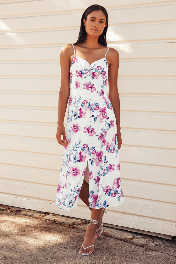 Now and Fleur-Ever White Floral Print Button Front Midi Dress | Lulus (US)