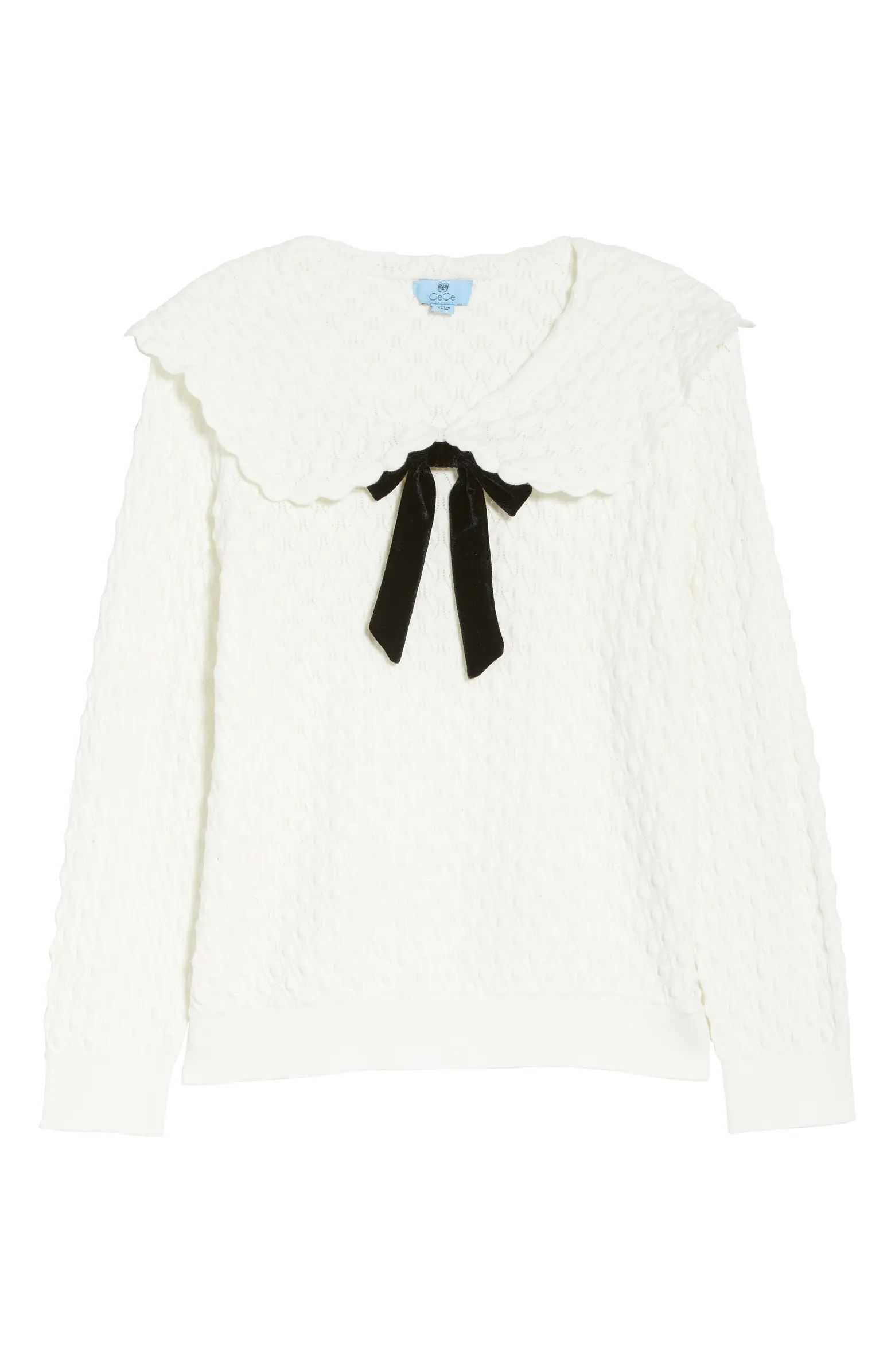 Pointelle Knit Collared Sweater with Velvet Bow | Nordstrom