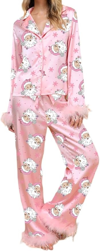 Women Christmas Pajama Sets Feather Trim Long Sleeve Button Down Shirt and Pants 2 Piece Xmas Sle... | Amazon (US)