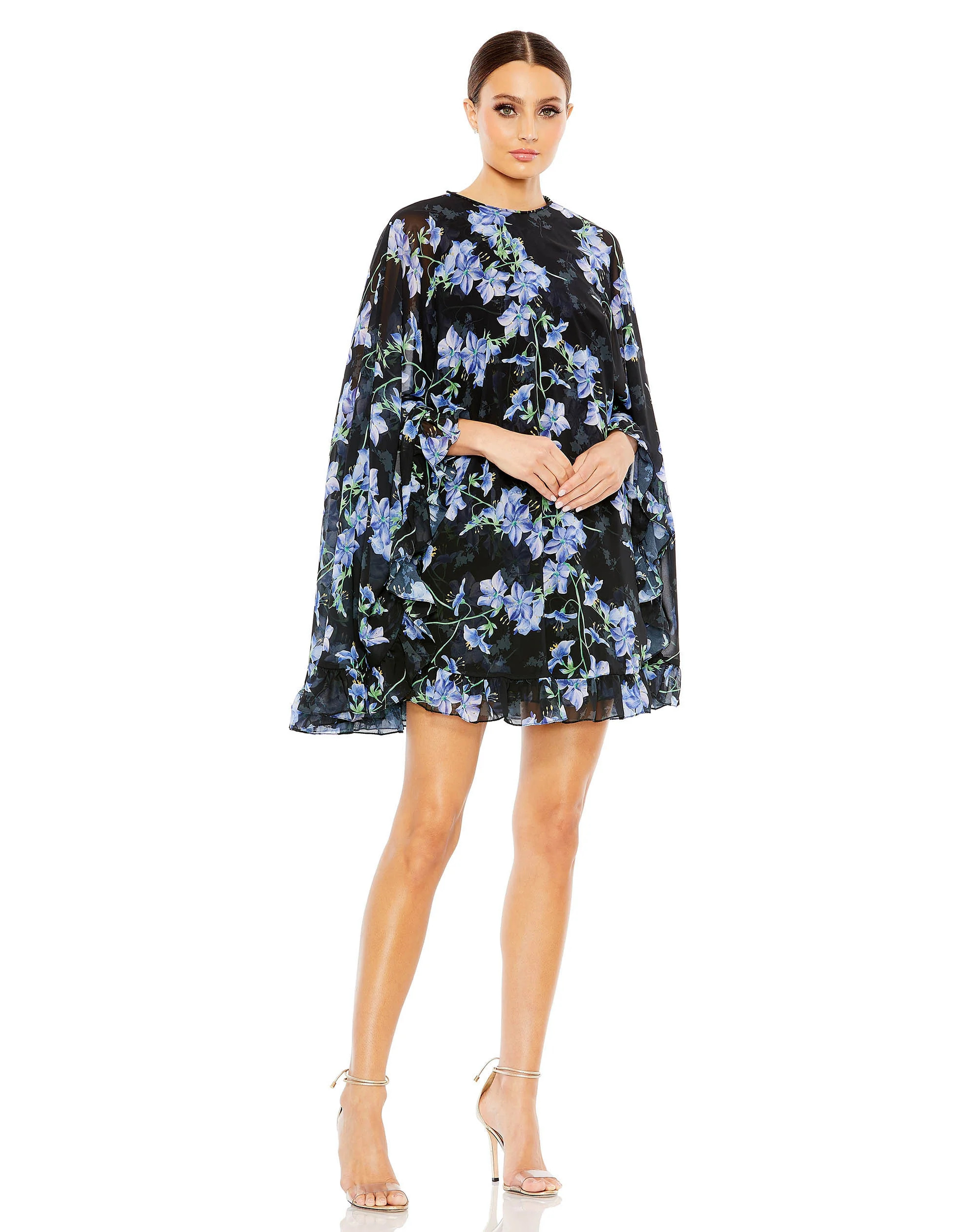 Floral Print High Neck Ruffle Hem Cape Mini Dress | Mac Duggal