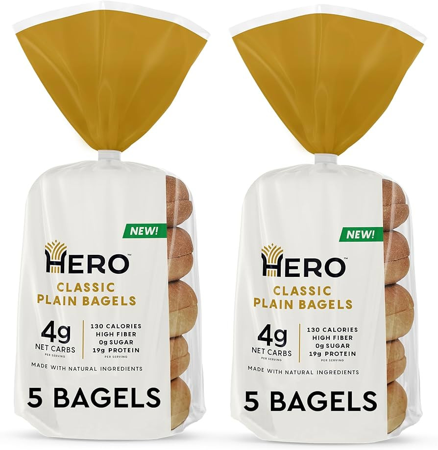 Hero Classic Plain Bagel - 4g Net Carbs, 19g Protein, High Fiber, 130 Calories per serving (10 ba... | Amazon (US)