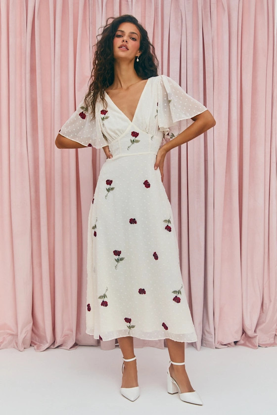 Jolina White Embroidered Swiss Dot Flutter Sleeve Midi Dress | Lulus