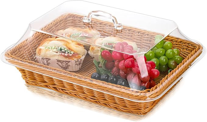 DEAYOU Imitation Rattan Bread Basket with Lid, Woven Tabletop Food Serving Basket, Poly-Wicker Fr... | Amazon (US)
