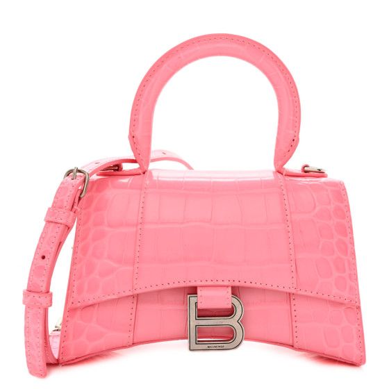 Shiny Calfskin Crocodile Embossed Hourglass Top Handle Bag XS Sweet Pink | FASHIONPHILE (US)
