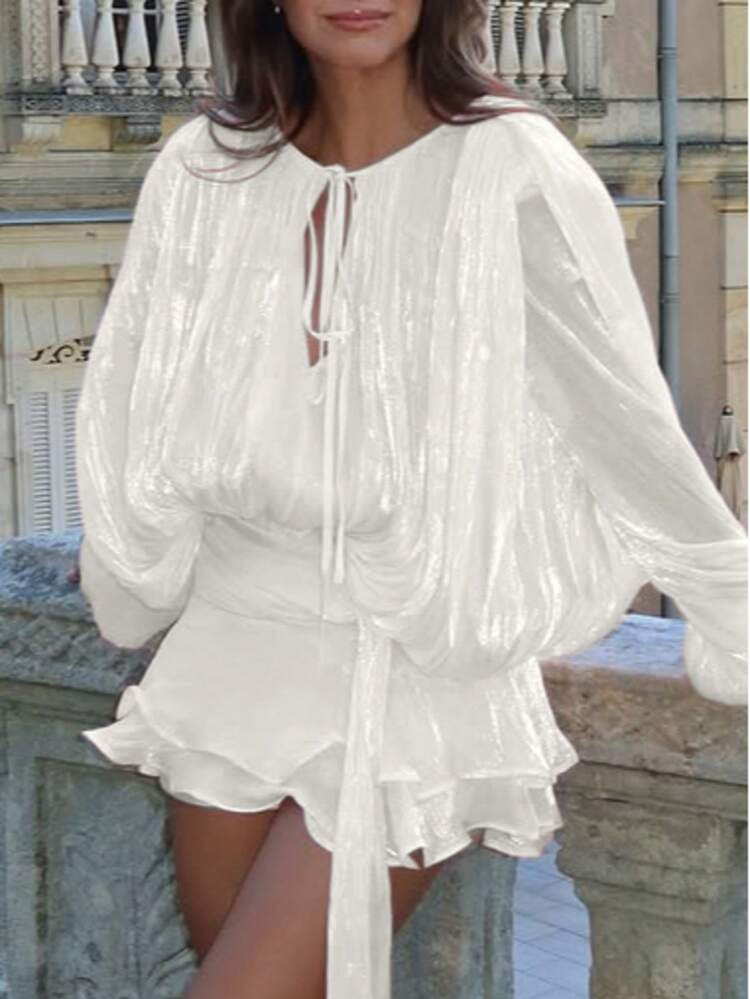 Millenial Style Tie-Up Ruffle Collar Double Ruffle Lantern Sleeve Shirt Dress, Spring/Summer, Music Festival, Valentine's Day, Wedding Season, No Belt Included, Women's Gothic Sexy Elegant Christmas Outfit, Wedding Guest Dress, Suitable For Formal Occasions #Evening Gown. Note: Please Wear Skin-Colored Undergarments | SHEIN