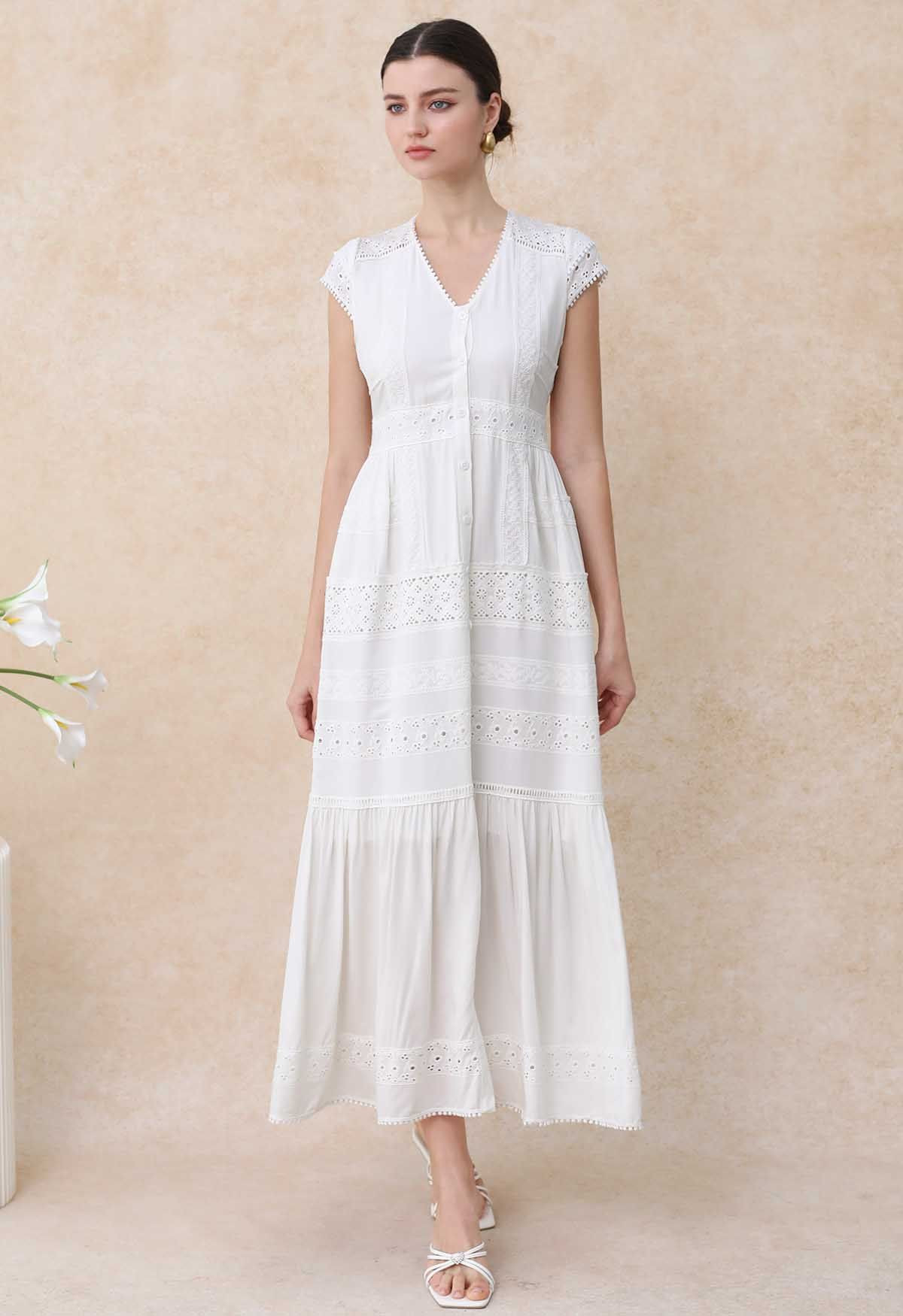 Eyelet Embroidery Panelled Button Down Dress | Chicwish