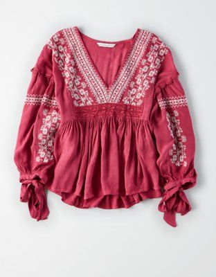AE Long Sleeve Embroidered Bohemian Blouse | American Eagle Outfitters (US & CA)