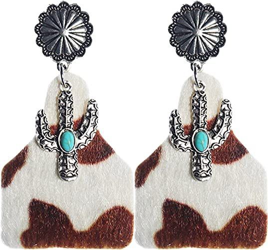 Vintage Western Cowboy Turquoise Leather Dangle Earrings Dainty Cow Print Leopard Flower Earrings... | Amazon (US)