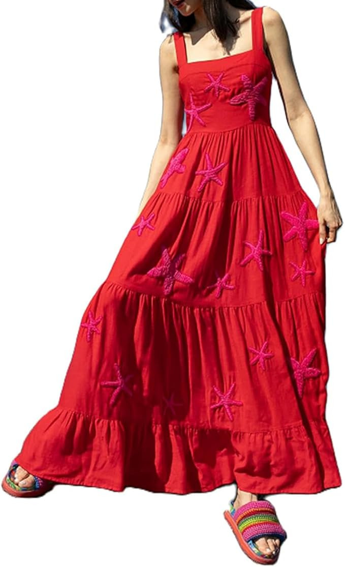 Women Embroidered Maxi Dress Sleeveless Smocked Flowy Sundress Boho Summer Long Dresses Beach Voc... | Amazon (US)