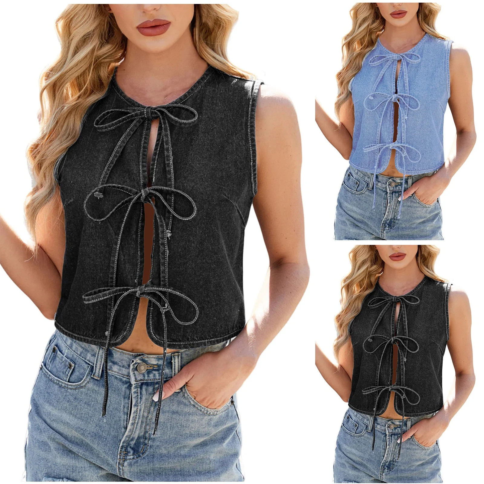 Bovxnpu Womens Denim Vest Casual Jacket Outwear, Sleeveless Crewneck Denim Top Retro Tie Up Front... | Walmart (US)