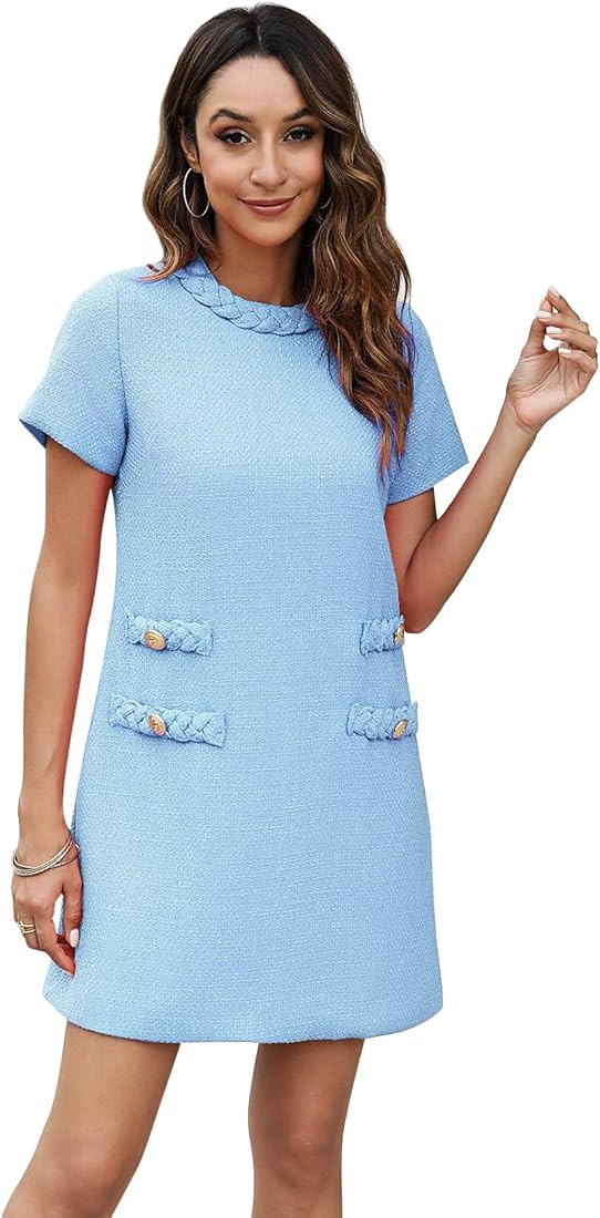 LifeShe Women's Tweed Jackie Dress Elegant Casual A-line Crew Neck Short Sleeve Bodycon Business ... | Amazon (US)