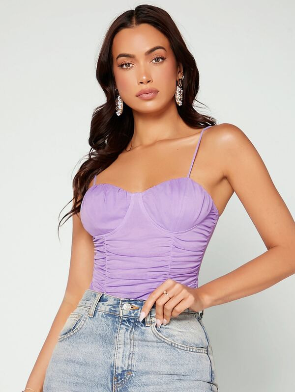 SHEIN Solid Ruched Bustier Mesh Cami Top | SHEIN
