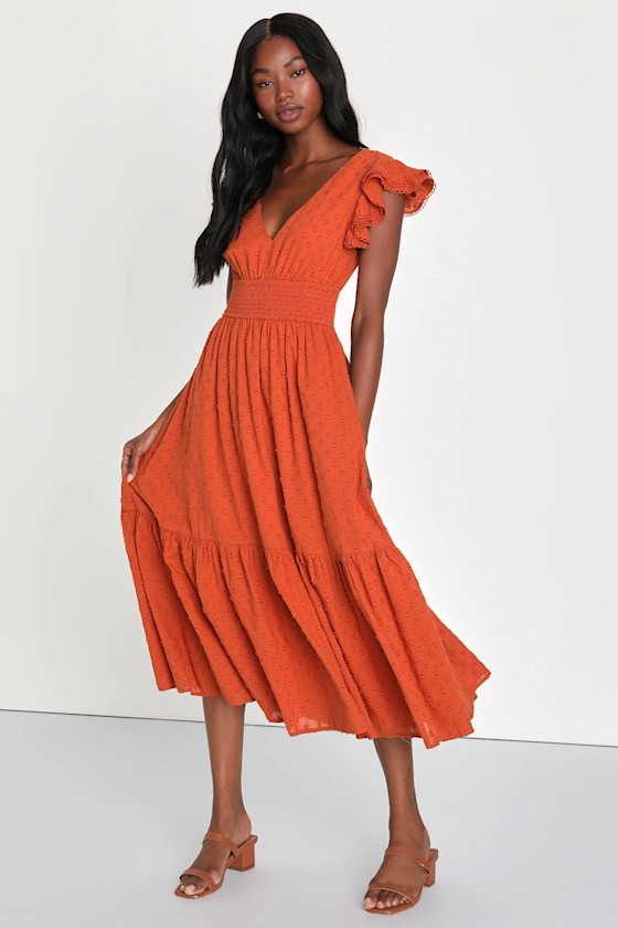 Brunch Plans Rust Orange Swiss Dot Smocked Backless Midi Dress | Lulus (US)