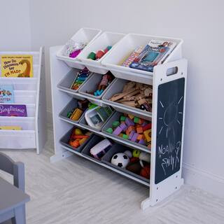12-Bin Toy Storage Organizer with Chalkboard, Eraser, and 2-Piece Chalk, White/Grey Gradient Ombre | The Home Depot
