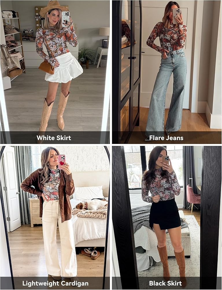 Womens Mesh Floral Long Sleeve Tops Lace Undershirt Mock Neck Going Out Sheer Blouses 2025 Trendy | Amazon (US)