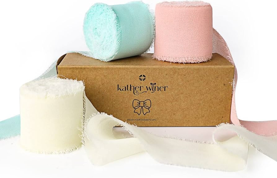 3 Rolls Handmade Fringe Chiffon Silk Ribbon Gauze 1.5" x 7Yd, Ivory & Baby Blue & Pink Ribbons Se... | Amazon (US)
