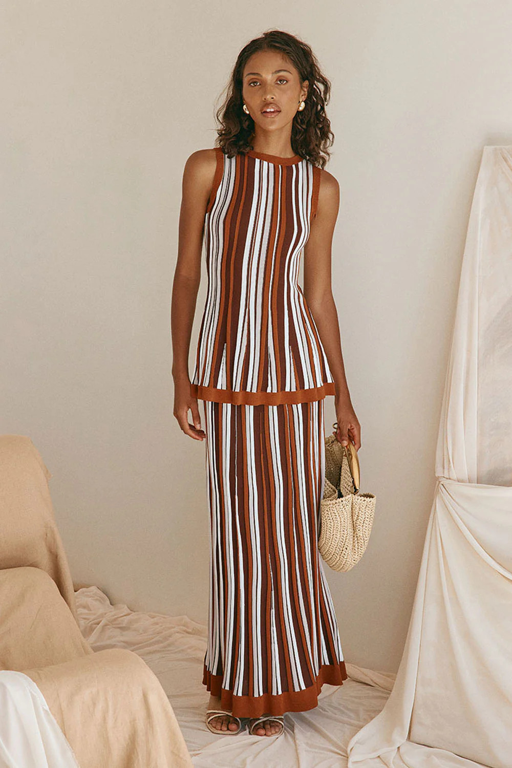 Brown Stripe Pleat A Line Zodiac Top | Sabo Skirt US