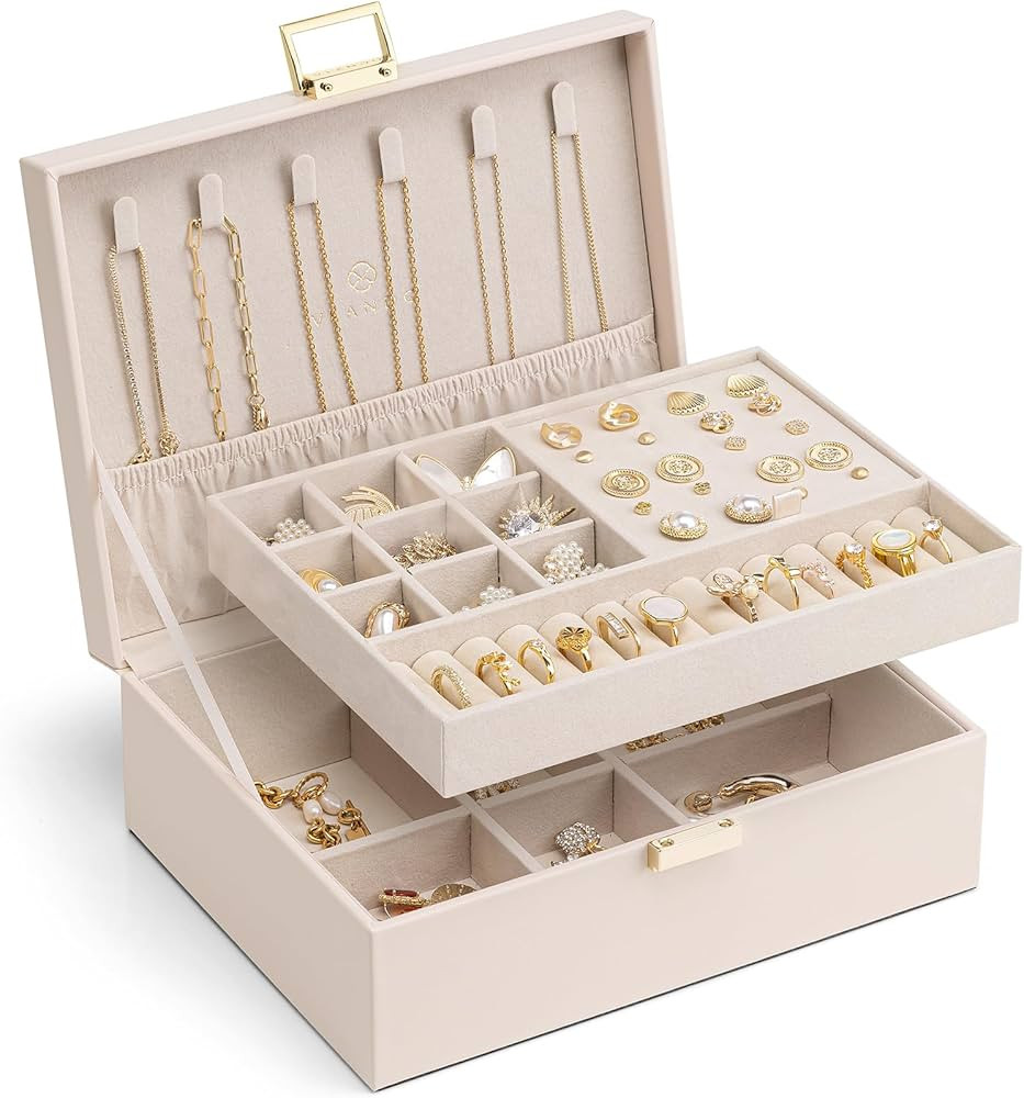 Vlando 2 Layer Jewelry Box Large Jewelry Organizer for Women Removable Jewelery Tray for Necklace... | Amazon (US)