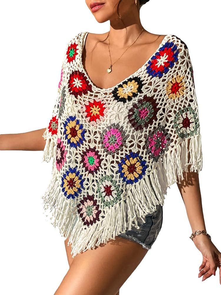 COZYEASE Women's Floral Crochet Fringe Trim Swimsuit Cover Up V Neck Half Sleeve Bikini Bathing S... | Amazon (US)