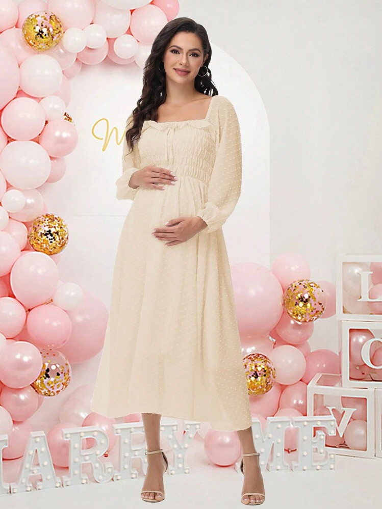 Maternity Chiffon Polka Dot Long Sleeve Ruffle Long Dress For Baby Shower Photoshoot, Elegant, Fo... | SHEIN