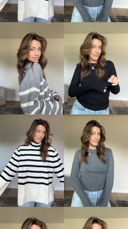 H&M fall sweaters and tops
• Grey striped sweater is a L
• Ribbed grey top is a M
• B&W striped sweater is a M
• Black ribbed long sleeve top is a S
• Paris sweatshirt is an XL