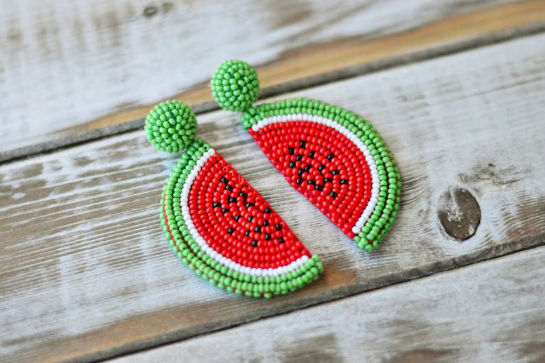 Beaded watermelon earrings Food fruit embroidered jewelry Summer trendy popular earrings Cool fun... | Etsy (US)