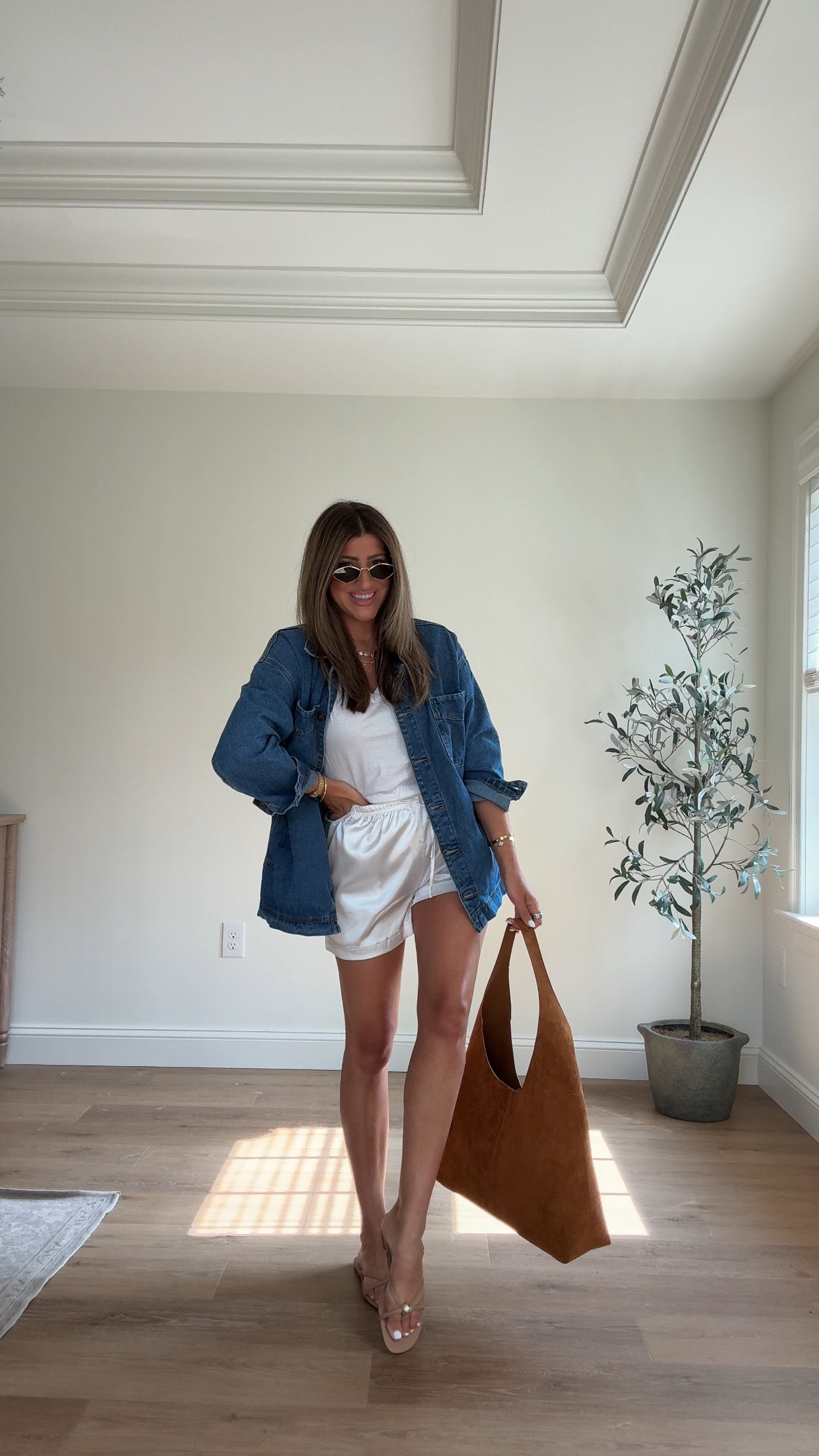 The cutest elevated casual outfit. Oversized denim button down jacket ON SALE! Wearing meds 

Summer outfit, fall 2025 fashion trends, back to school, outfit inspo 

#LTKStyleTip #LTKSeasonal #LTKSaleAlert