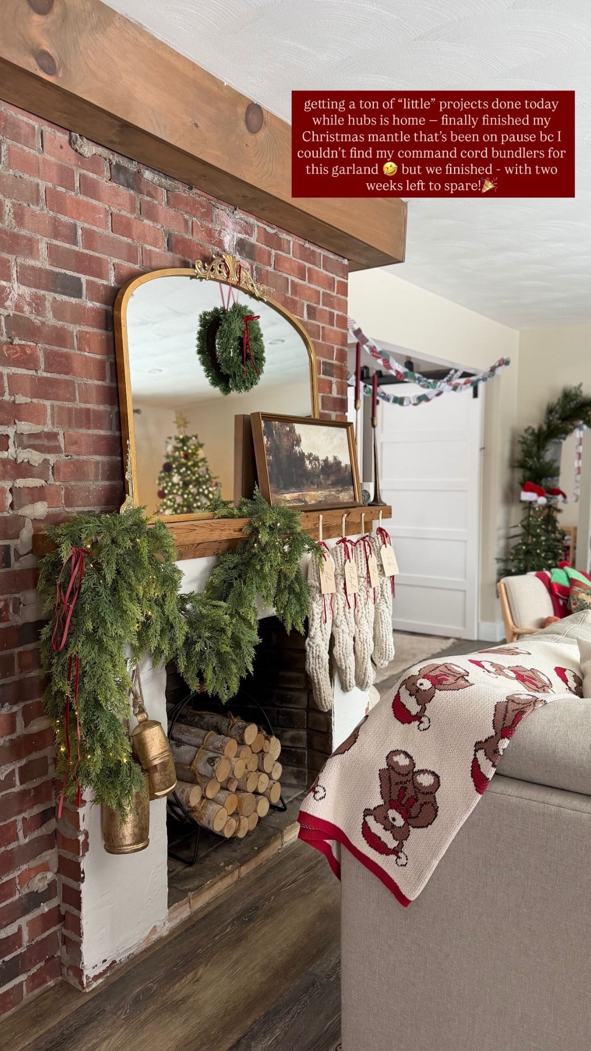 getting a ton of “little” projects done today while hubs is home — finally finished my Christmas mantle that’s been on pause bc I couldn’t find my command cord bundlers for this garland 🤣 but we finished - with two weeks left to spare!🎉