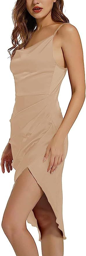 LYANER Women's Satin Wrap Ruched Bodycon Spaghetti Strap Club Party Midi Dress | Amazon (US)