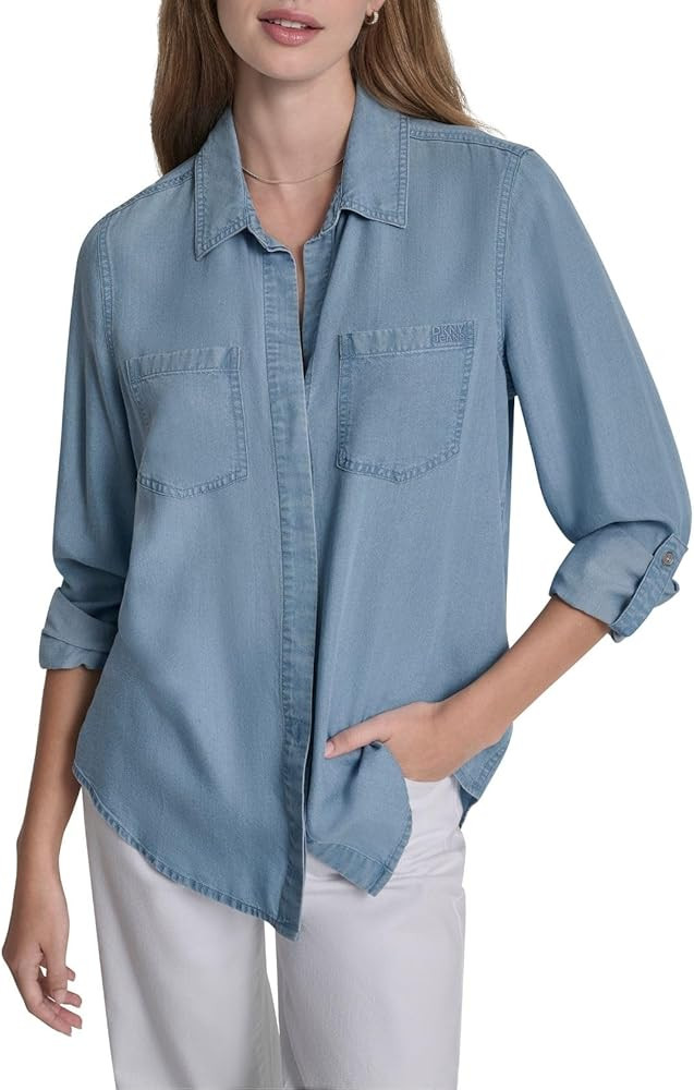 DKNY Women's Splitback Long Sleeve Button Down with Cuffed Sleeve Shirt | Amazon (US)