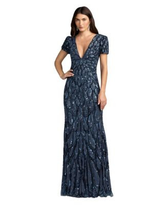 Mac Duggal Women's Beaded Sequin V-Neck Cap Sleeve Fitted Column Gown - Denim | Macy's