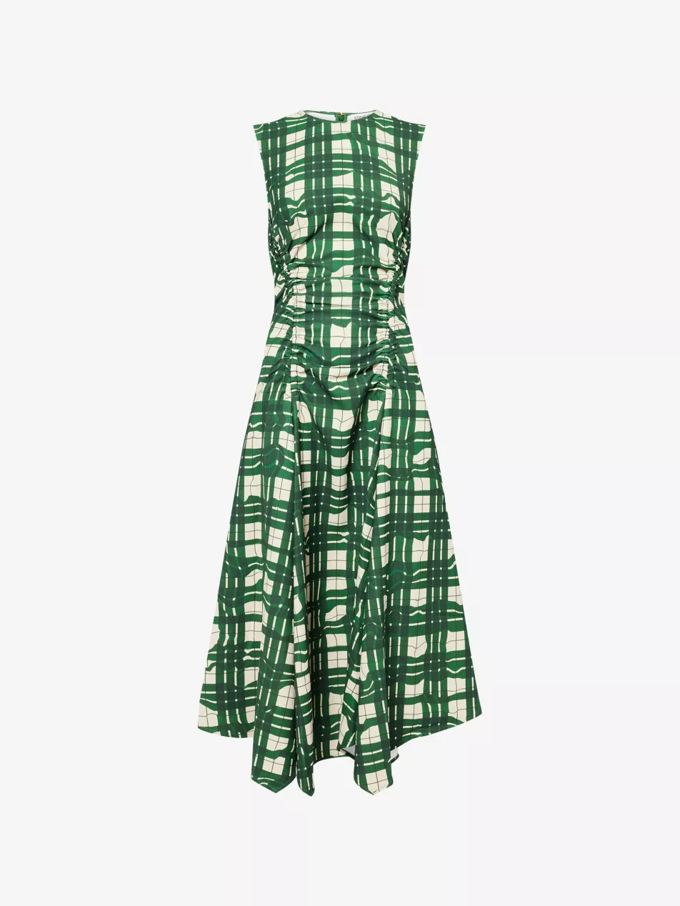 Checked Gathered Stretch-Woven Midi Dress | Selfridges