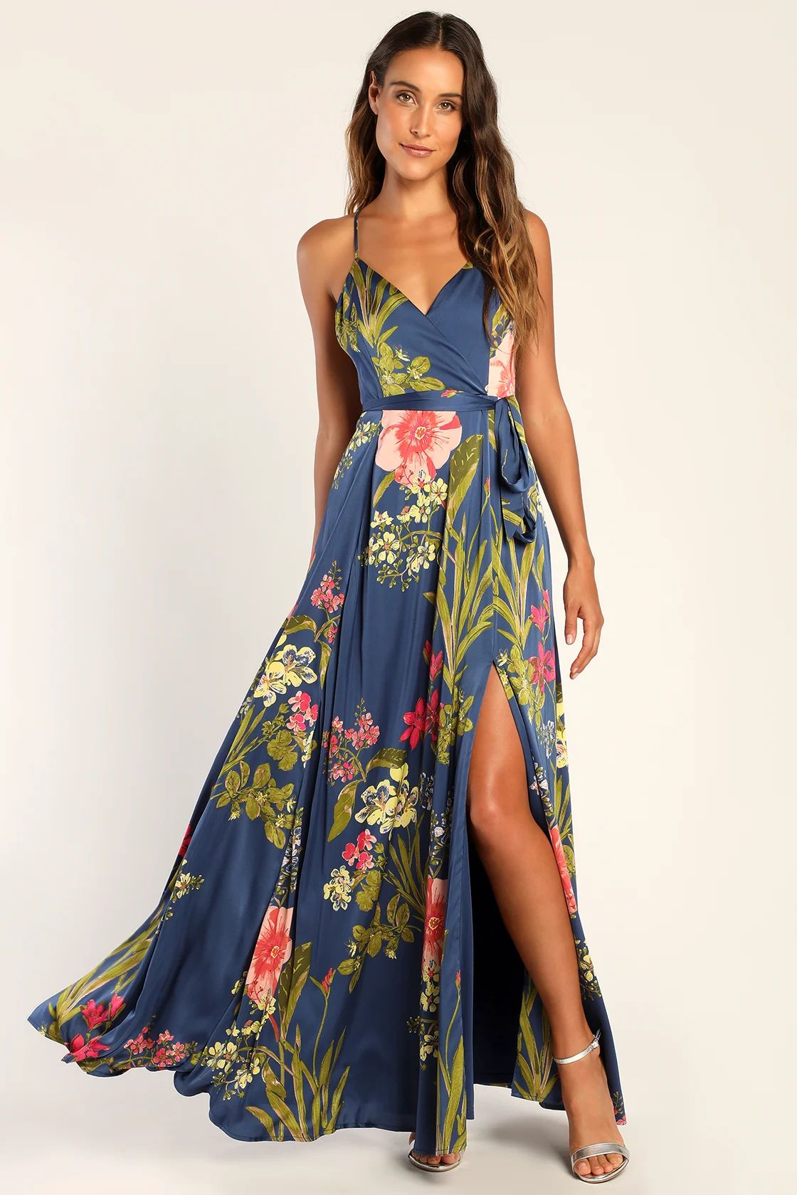 Still the One Blue Floral Print Satin Maxi Dress | Lulus (US)
